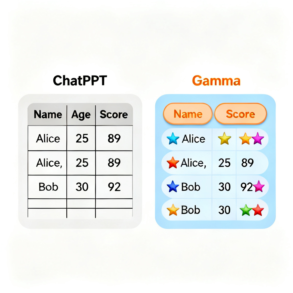 A side-by-side comparison of a data table rendered by ChatPPT (clean, left-aligned, with gridlines) versus Gamma (colorful, rounded corners, with icons).