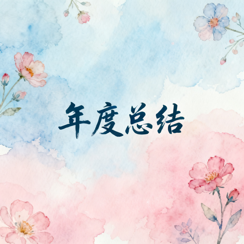 梦幻水彩风格的年度总结PPT首页,带有柔和渐变和手绘花朵,标题使用手写字体,背景为浅蓝色与粉色渐变