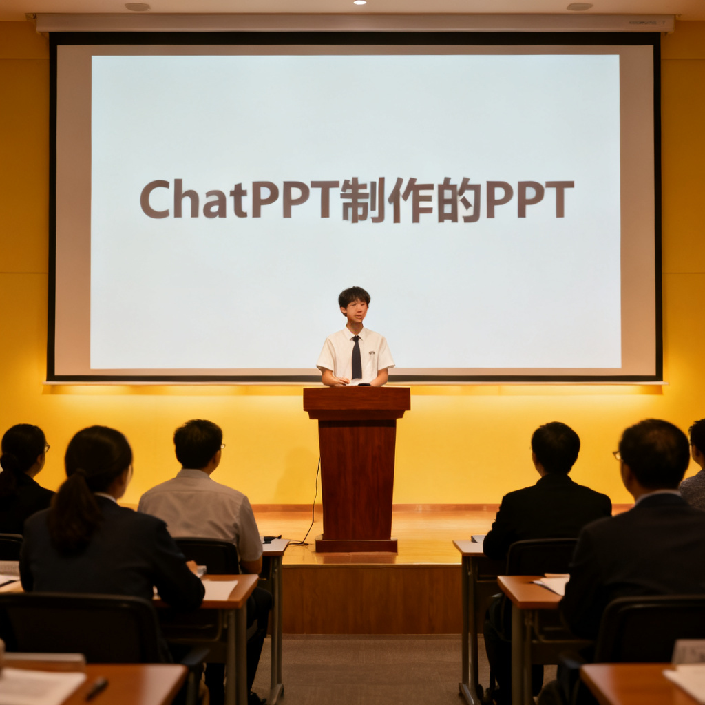 一个学生自信地在答辩台上演讲，大屏幕上显示ChatPPT制作的PPT，台下评委在认真听讲，氛围积极。