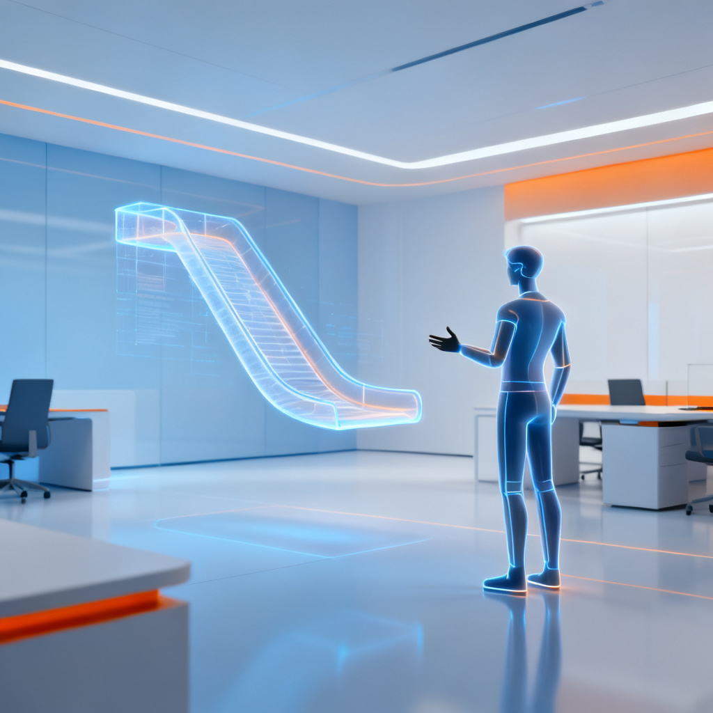 A futuristic, minimalist office space. A holographic projection of a 3D slide is floating in the air. A digital human avatar is gesturing next to the slide, as if presenting. The colors are cool blues and whites, with subtle orange accents. The scene conveys innovation and efficiency.