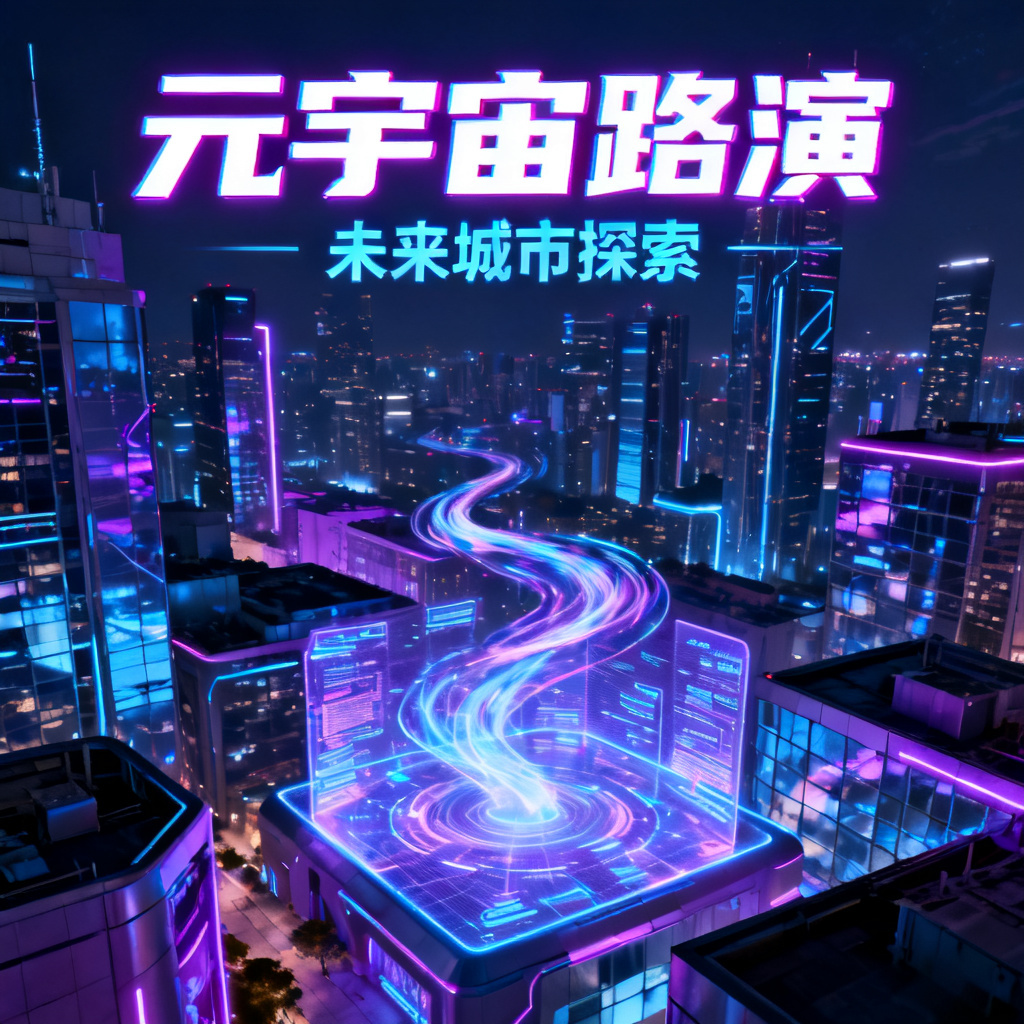 赛博朋克风格的城市夜景，霓虹灯闪烁，未来感十足，适合元宇宙路演PPT