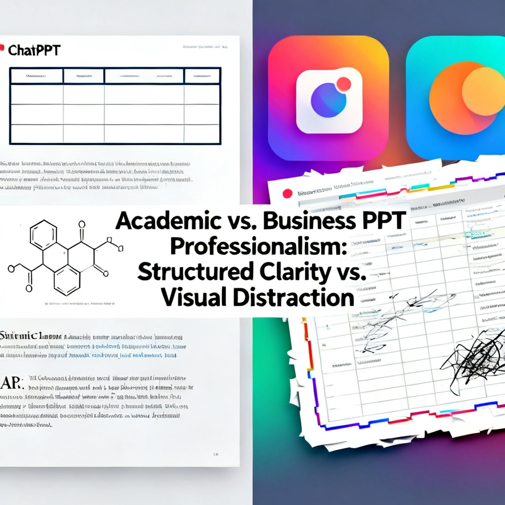 Side-by-side comparison of two PPT slides: one from ChatPPT with academic-style formatting (three-line table, chemical structure diagram, serif fonts) and another from a generic tool with business-style formatting (colorful gradients, large icons, messy table borders). The caption highlights the difference in professionalism.