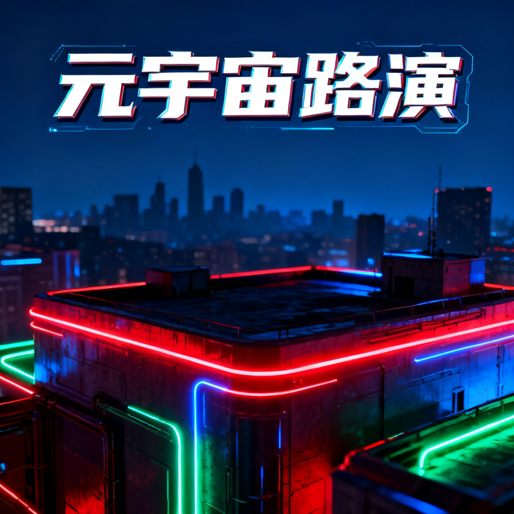 赛博朋克风格元宇宙路演PPT封面,霓虹灯效,城市远景,科技感字体,高对比度