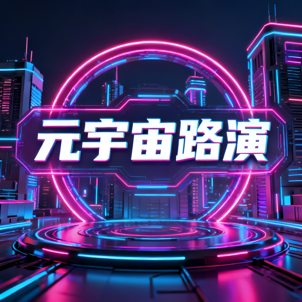 赛博朋克风格元宇宙路演PPT封面，霓虹灯光，3D建筑，未来感，4K