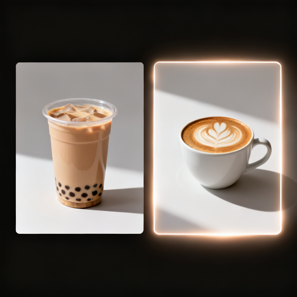 A side-by-side comparison showing a product slide before and after Magic editing: the left side shows a beverage product image of a milk tea cup, the right side shows the same slide with the milk tea replaced by a latte coffee cup, maintaining identical lighting, shadows, and background elements, with a subtle glowing highlight around the edited area