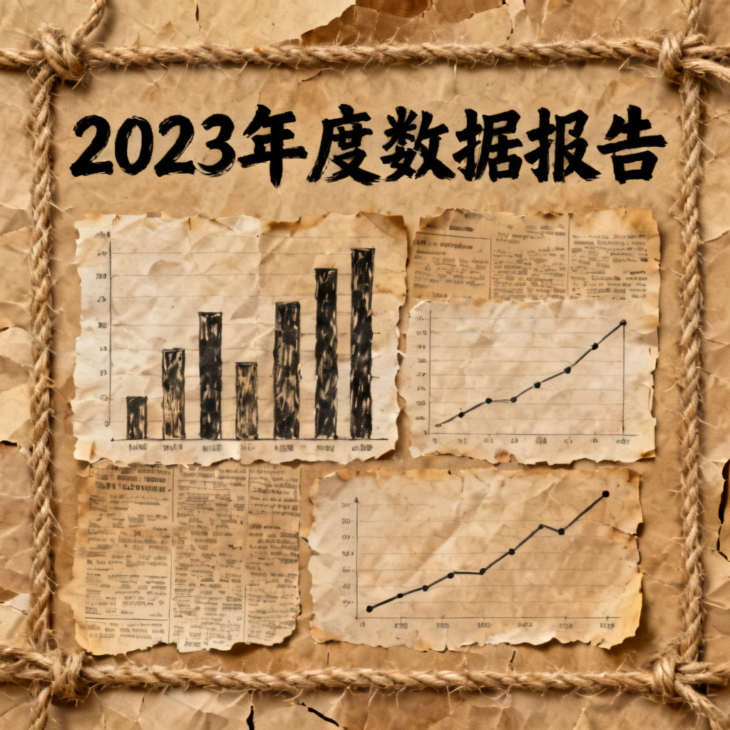一张牛皮纸贴画风格的PPT内页，用剪报、麻绳、做旧纸张拼贴出公司年度数据，复古质感