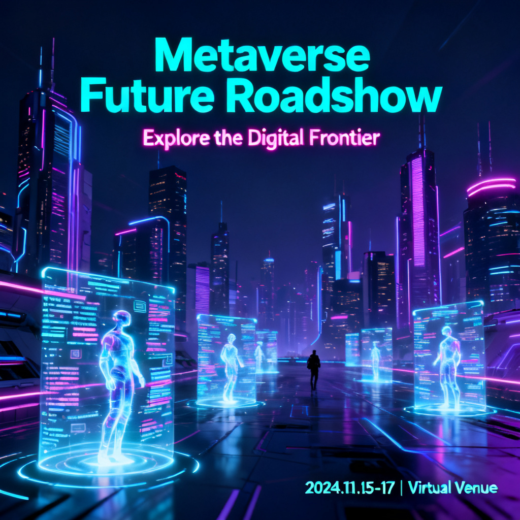 A cyberpunk-themed metaverse roadshow presentation, featuring neon lights, holographic elements, and a dark blue-purple color scheme, with a futuristic city skyline in the background