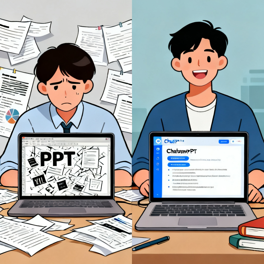 A split-screen illustration: left side shows a stressed student surrounded by paper documents and a laptop with a chaotic PPT template; right side shows a relaxed student using ChatPPT interface with a clean, academic PPT slide. Style: flat vector, professional, academic.