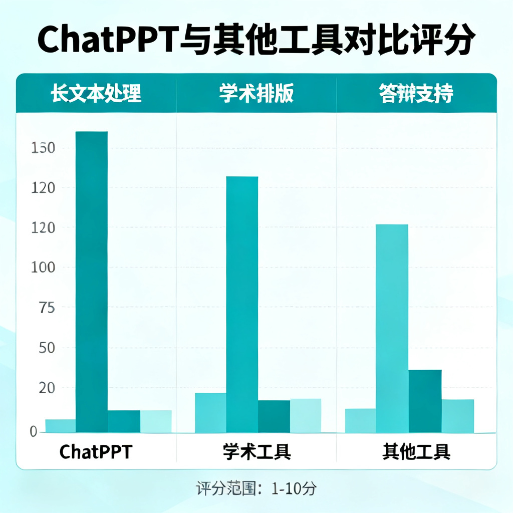 一张图表，对比ChatPPT与其他工具在长文本处理、学术排版、答辩支持三个维度的评分，ChatPPT全面领先