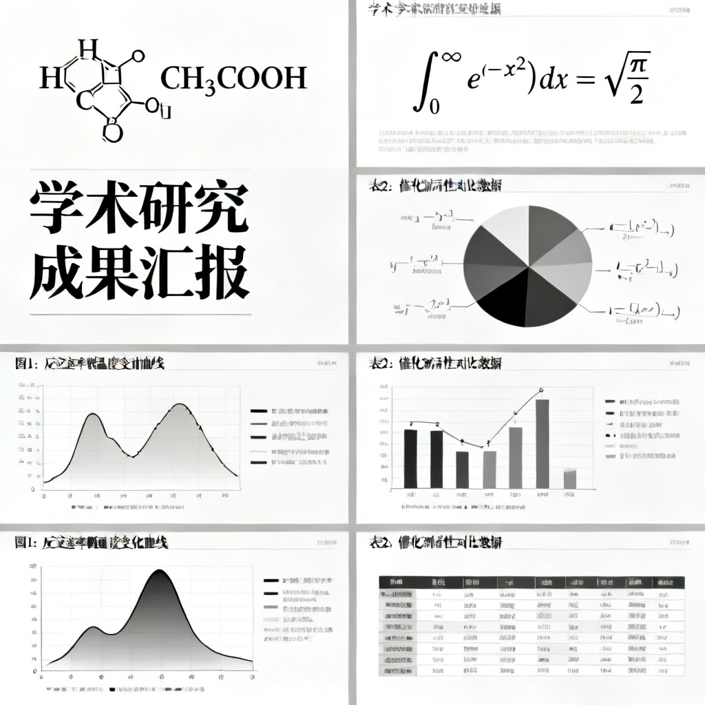 一个包含化学分子式、数学公式和多维数据图表的学术PPT幻灯片，排版清晰，配色沉稳，体现严谨的学术风格