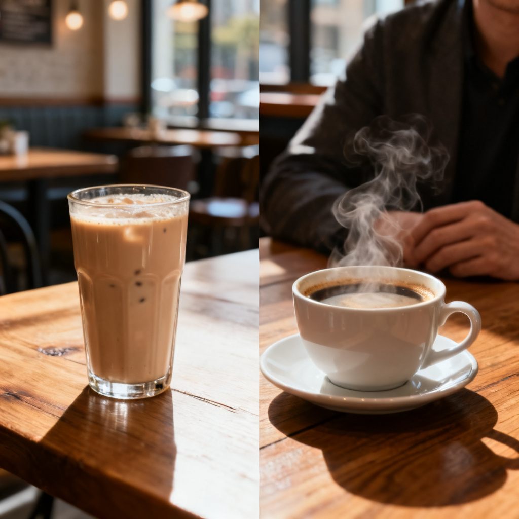一张PPT页面,左侧是原图(一杯奶茶放在木桌上,背景是咖啡馆),右侧是修改后的效果(奶茶被替换为一杯热气腾腾的咖啡,木桌纹理和光影完全一致,背景中的人物姿势不变)