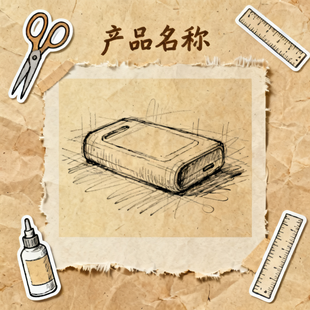 一张牛皮纸贴画风格的产品说明书内页，产品图片以手绘草图形式呈现，周围有剪刀、胶水、尺子等工具贴纸，背景为牛皮纸纹理，标题字体为手写体，整体呈现手工制作质感