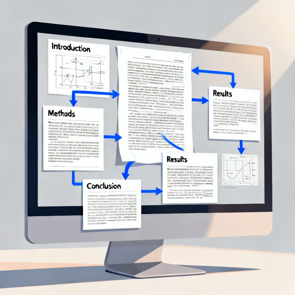 A computer screen displaying a complex academic paper being automatically transformed into a structured presentation, with arrows showing the logical flow from introduction to conclusion