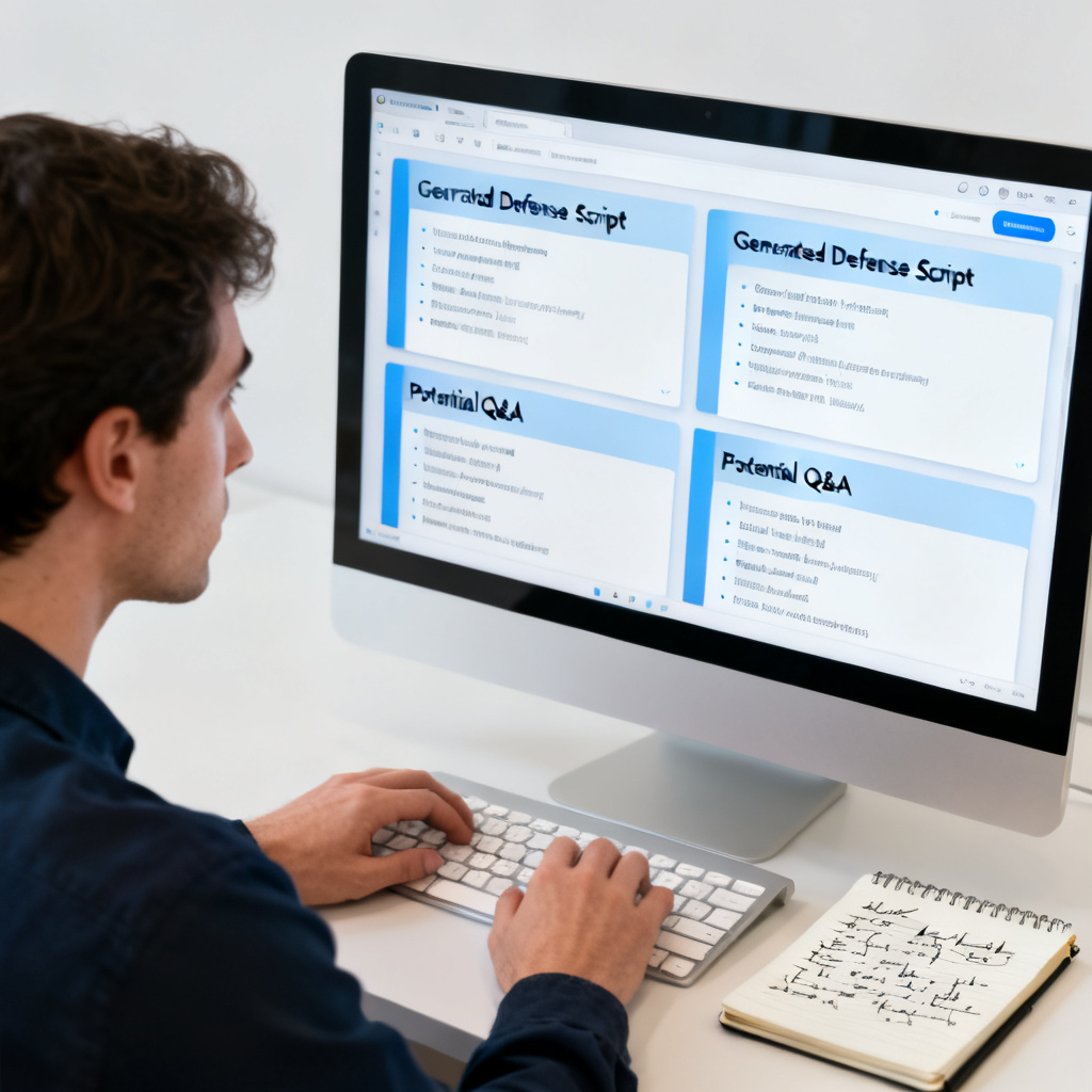 ChatPPT interface showing the generated defense script and potential Q&A for each slide, with a user preparing for the defense.