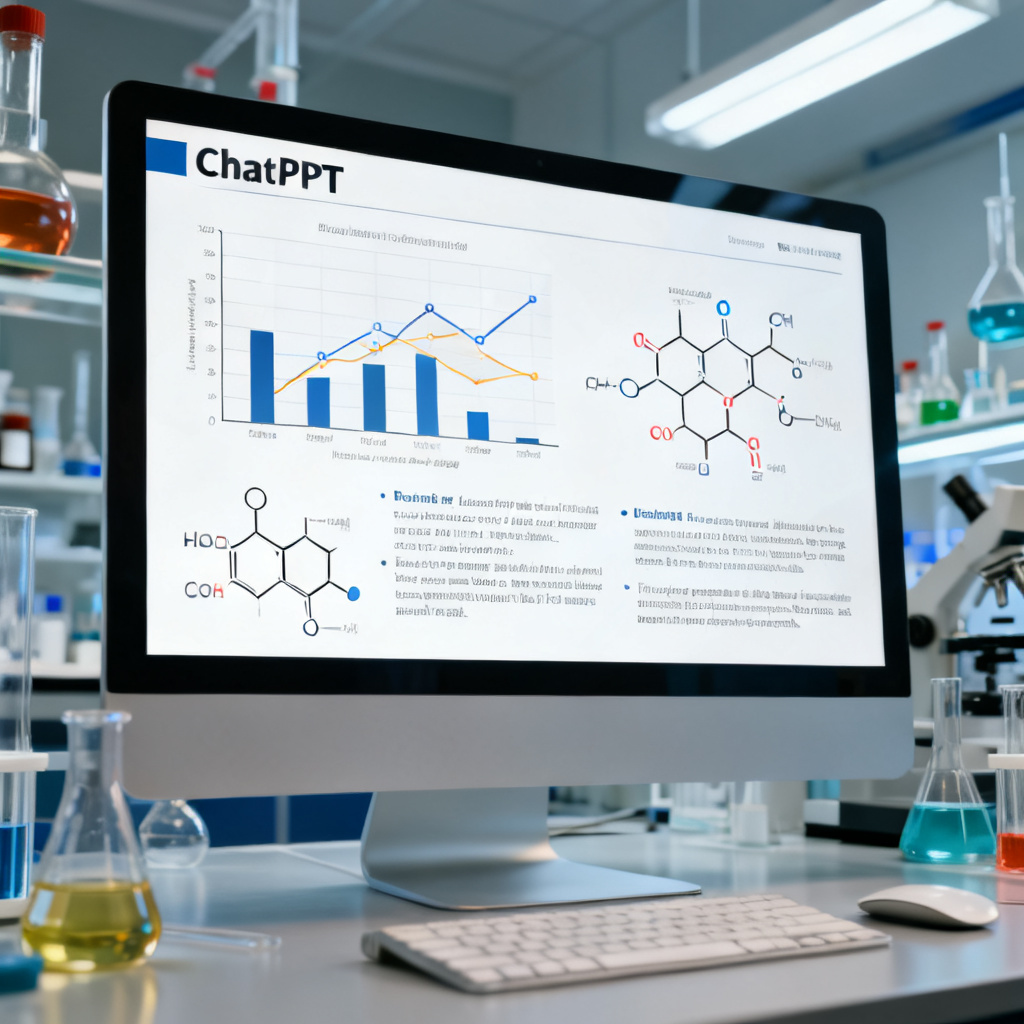 电脑屏幕上展示ChatPPT生成的学术PPT页面,包含高清数据图表、化学分子式和参考文献引用,背景为实验室场景,风格专业清晰,高分辨率