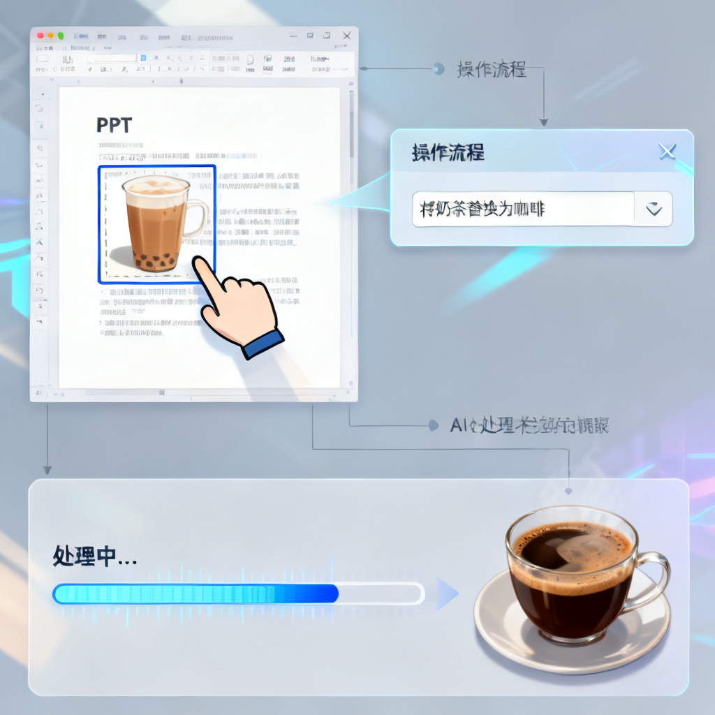 一张展示Magic涂画功能操作过程的示意图，用户用鼠标框选PPT页面中的一个区域，旁边输入指令“将奶茶替换为咖啡”，AI在几秒钟内完成替换并完美融合光影和风格