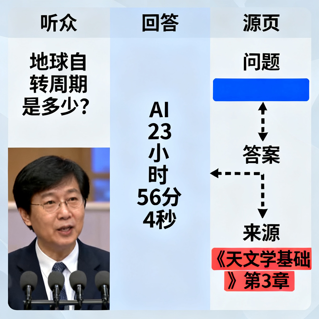 听众向AI提问，AI回答并高亮显示溯源页面，页面中有高亮标记和箭头指向，展示从问题到答案再到来源的完整链路