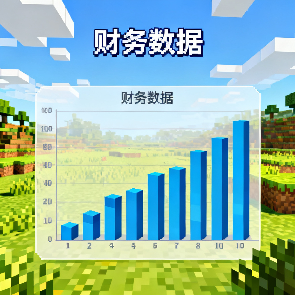 我的世界像素风格的财务数据展示页面，图表以方块形式呈现，背景是像素化的草原和天空，文字使用像素字体，整体色调明亮，带有游戏界面的设计感。