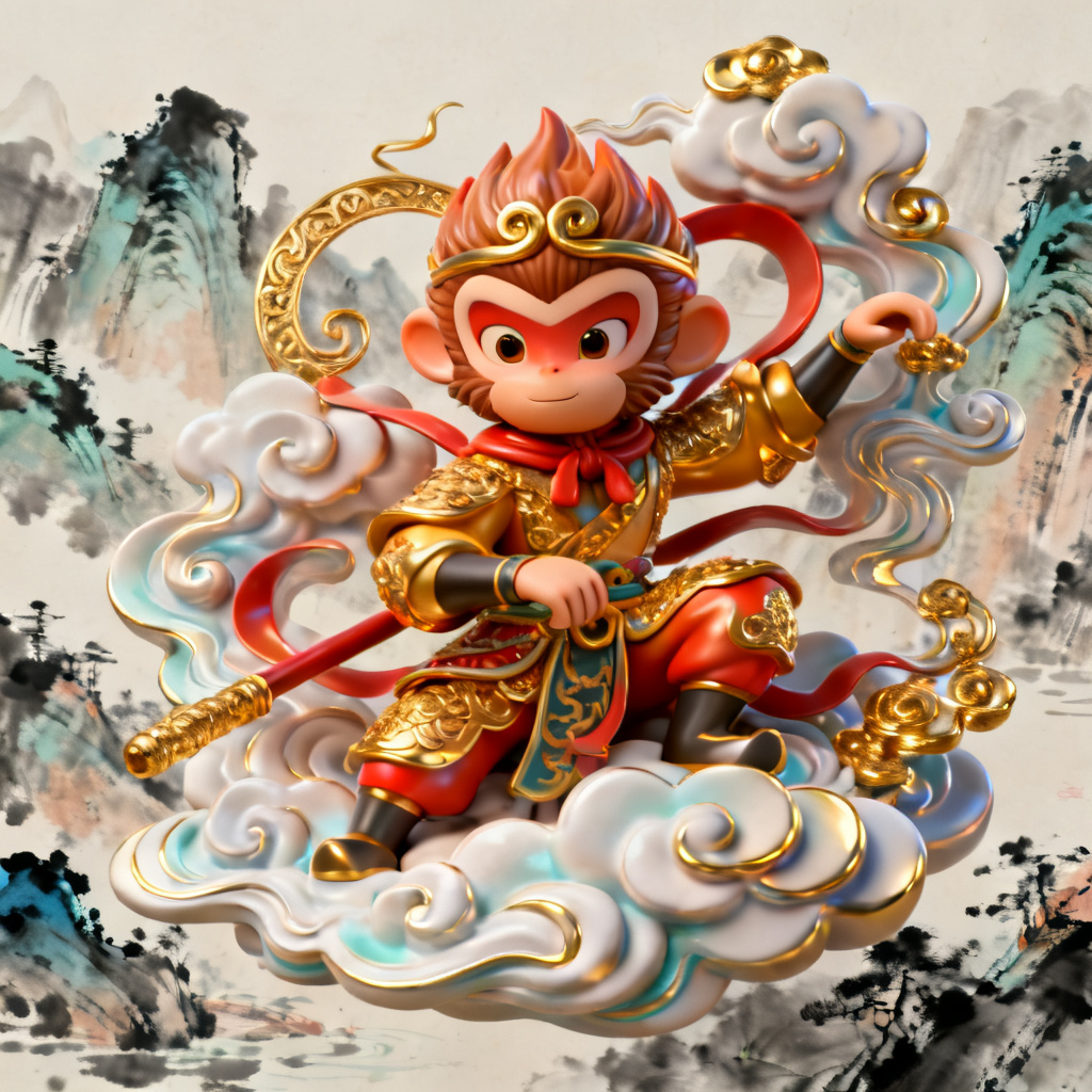3D西游记风PPT封面,孙悟空形象立体,云纹与金色装饰,背景是水墨山水,色彩鲜艳