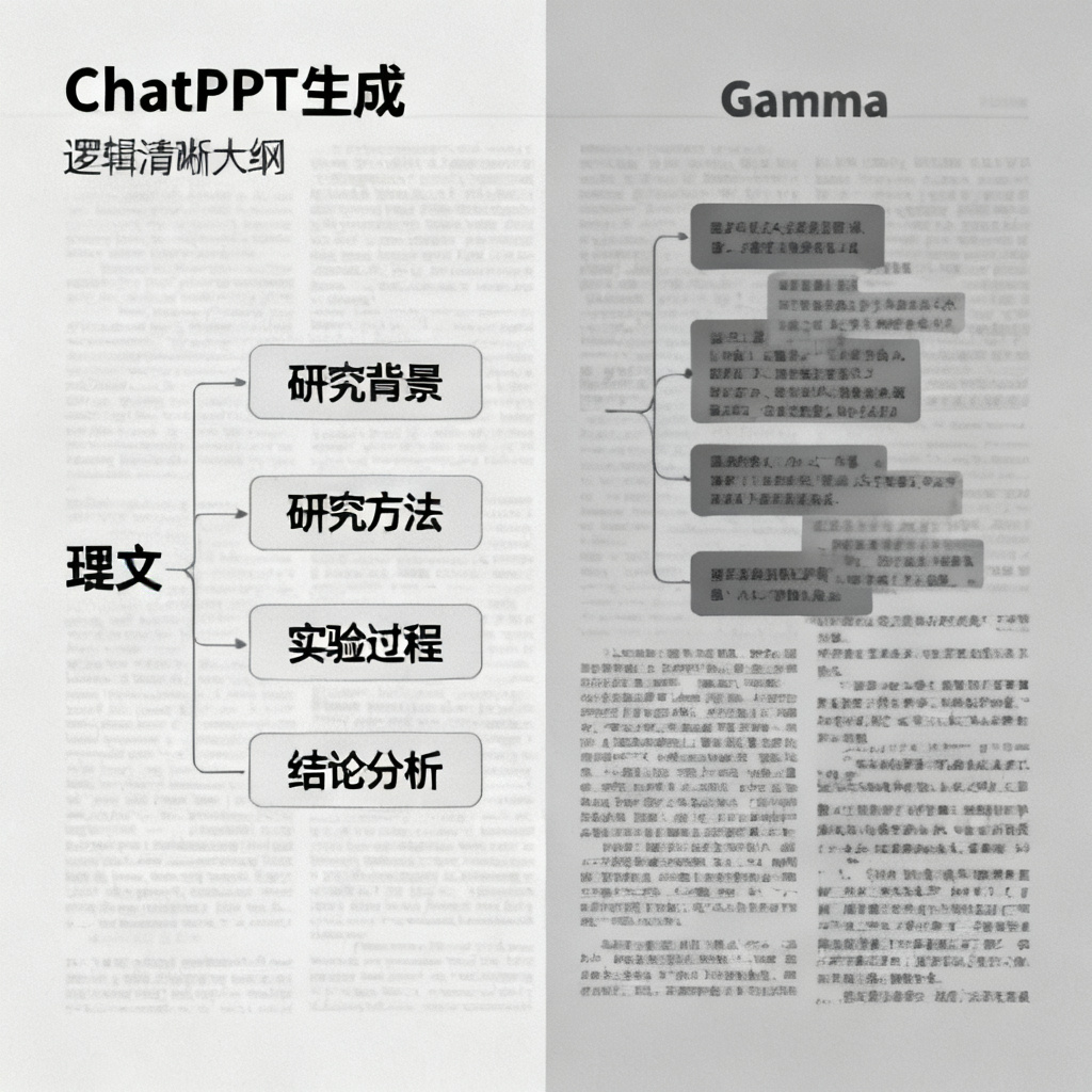 一张对比图,左侧显示ChatPPT生成的逻辑清晰的大纲,包含研究背景、方法、实验、结论四个层级,右侧显示Gamma生成的混乱大纲,跳跃且缺失关键步骤,背景为学术论文风格