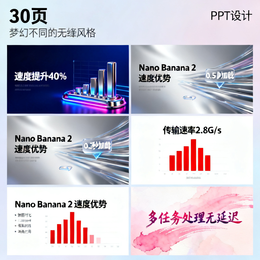 批量生成30页不同风格PPT，展示Nano Banana 2的速度优势，页面风格从赛博朋克到梦幻水彩无缝切换