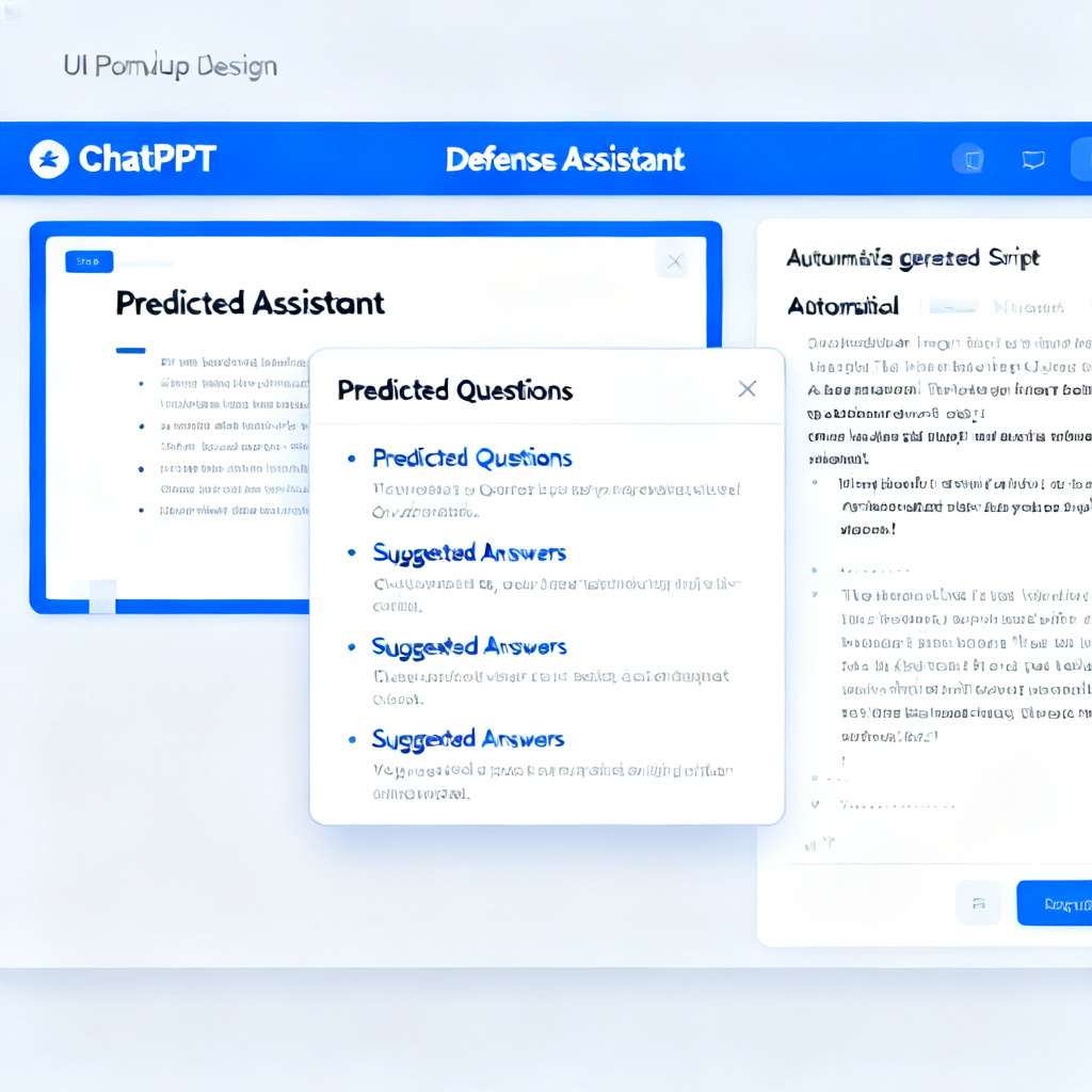 A user interface mockup showing ChatPPT's "Defense Assistant" panel, with a PPT slide on the left, automatically generated script on the right, and a pop-up window listing predicted questions with suggested answers
