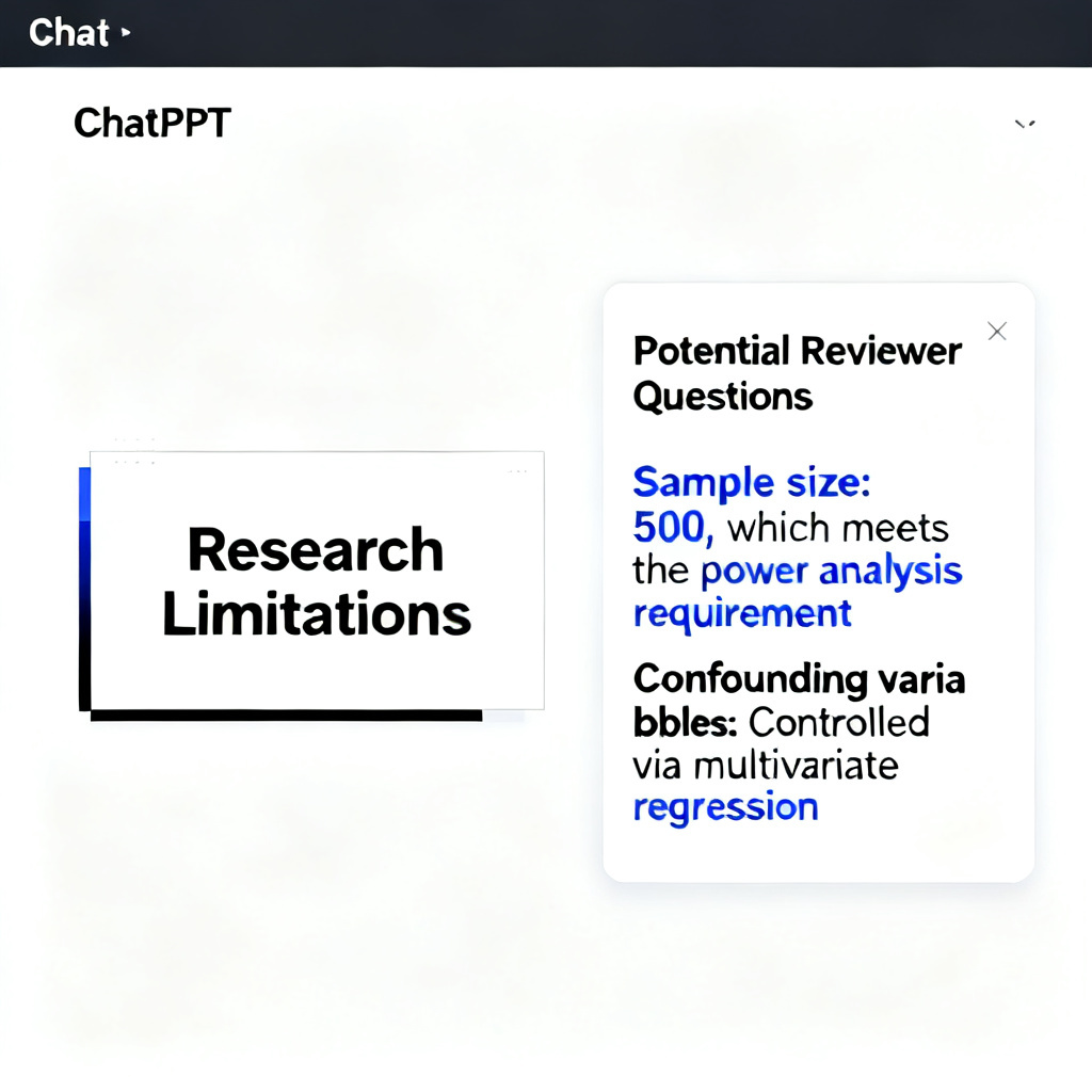 A screenshot of a ChatPPT interface showing a PPT slide about "Research Limitations" on the left, and a text box on the right listing "Potential Reviewer Questions" with answers like "Sample size: 500, which meets the power analysis requirement" and "Confounding variables: Controlled via multivariate regression".