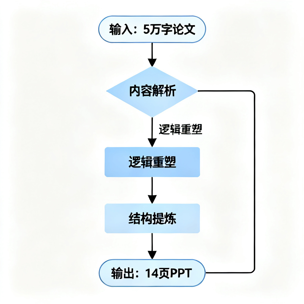 一个流程图，展示ChatPPT如何将5万字论文自动提炼成14页PPT，箭头标注“逻辑重塑”