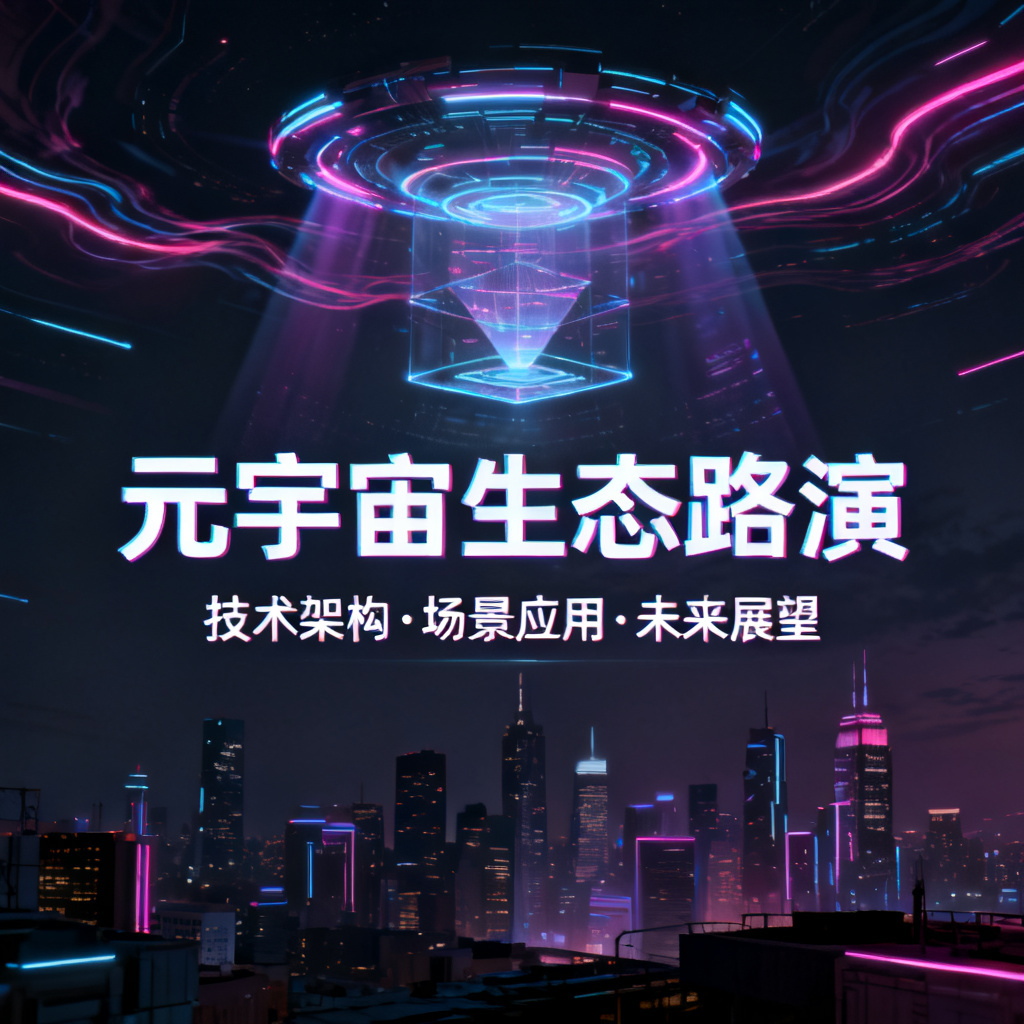 赛博朋克风格元宇宙路路演PPT,霓虹灯光,全息投影元素,城市天际线背景,科技感字体,暗色调为主