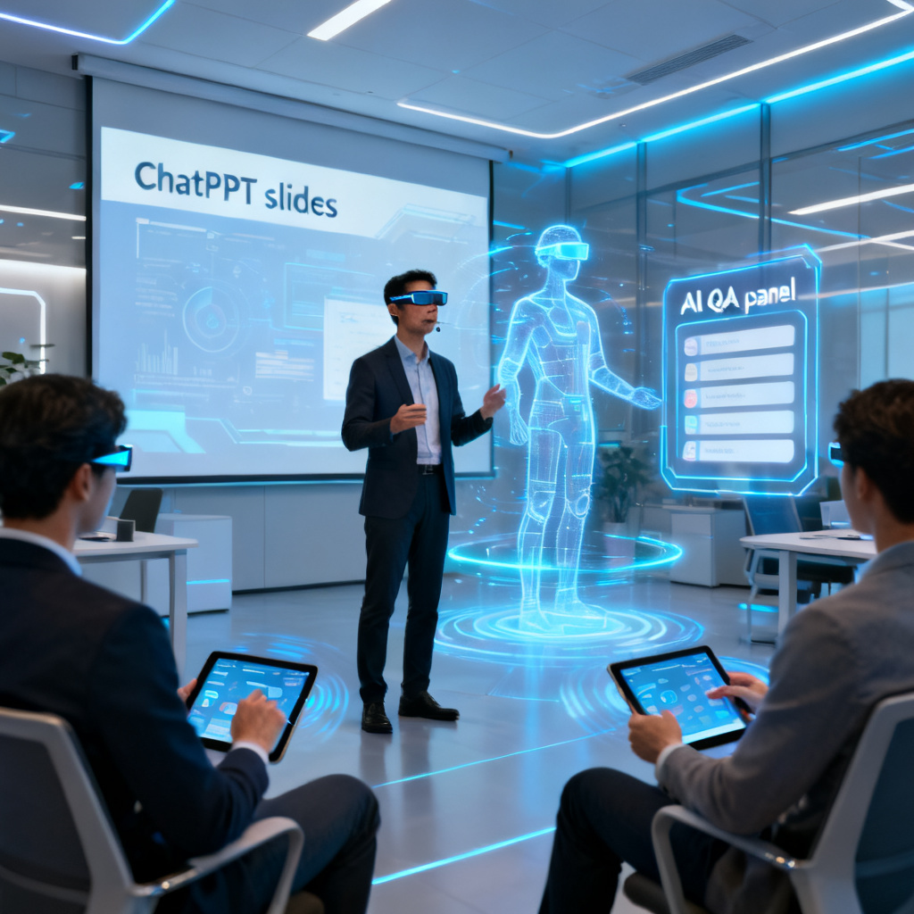 A futuristic office scene where a presenter wearing smart glasses gives a speech. Behind them, a holographic projection of their ChatPPT slides is displayed, and audience members are interacting with an AI Q&A panel on their tablets.