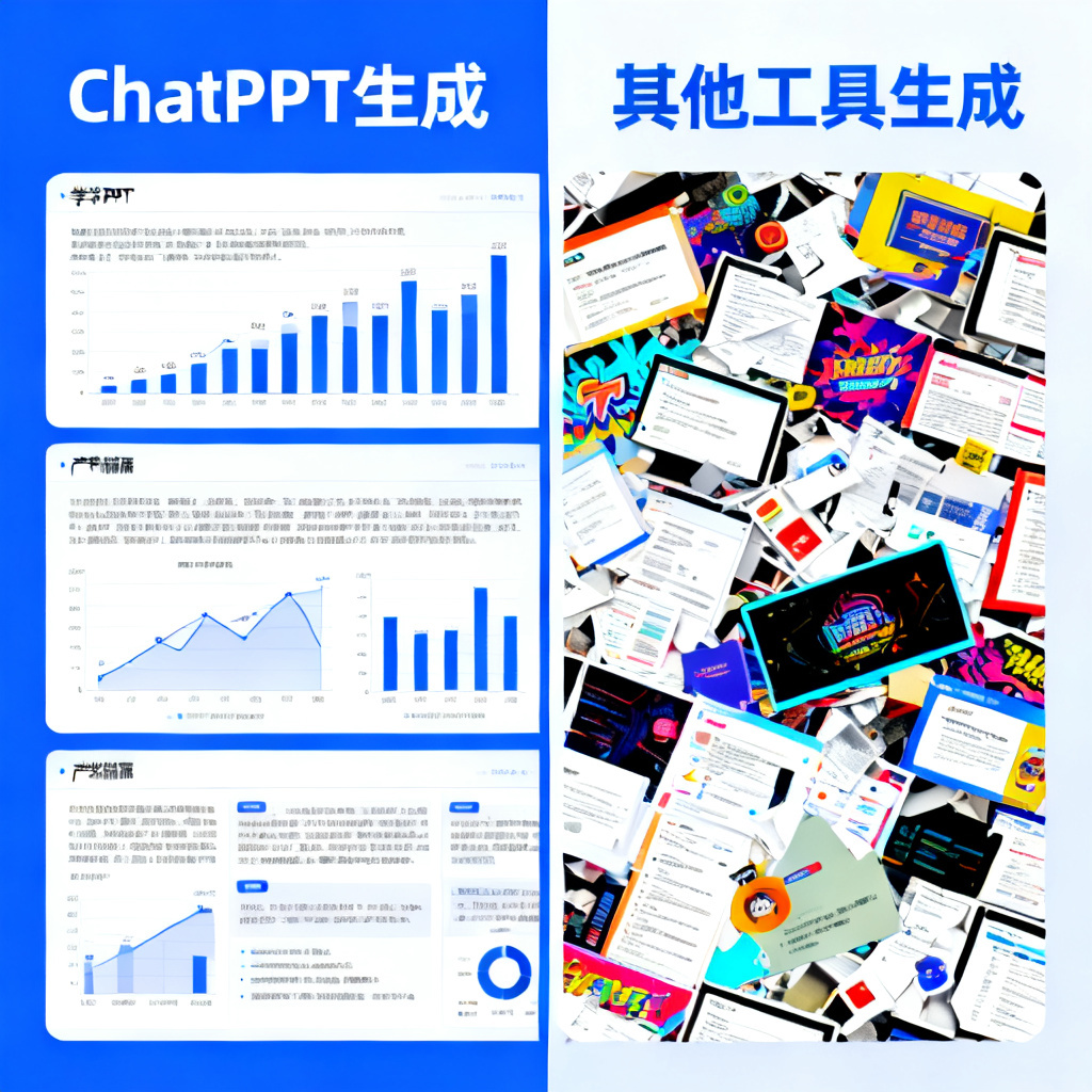 一张对比图，左侧显示ChatPPT生成的学术PPT（清晰的数据图表和严谨排版），右侧显示其他工具生成的PPT（风格花哨、布局混乱），突出学术级排版优势