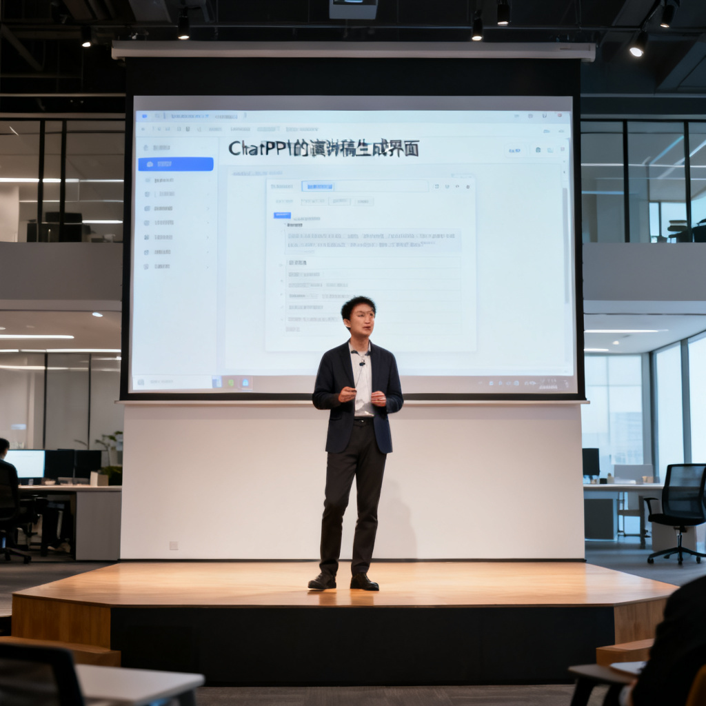 一位职场人士在舞台上自信演讲,面前是投影屏幕,屏幕上显示ChatPPT的演讲稿生成界面,背景为现代办公室