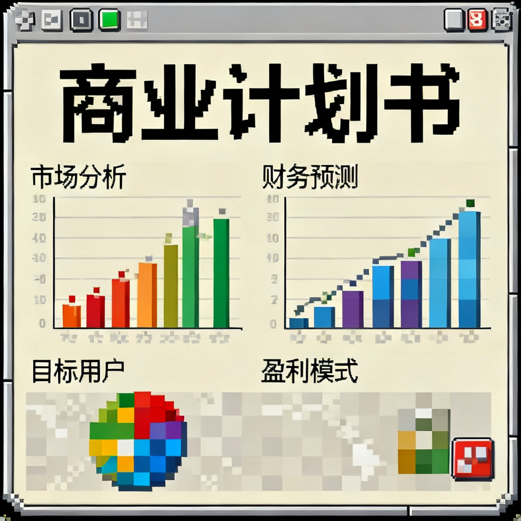 我的世界像素风商业计划书，方块化图表与像素字体，复古游戏界面风格