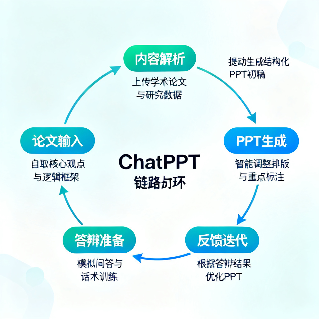 一张流程图，展示ChatPPT从论文输入到答辩准备的全链路闭环，标注每个环节的核心功能