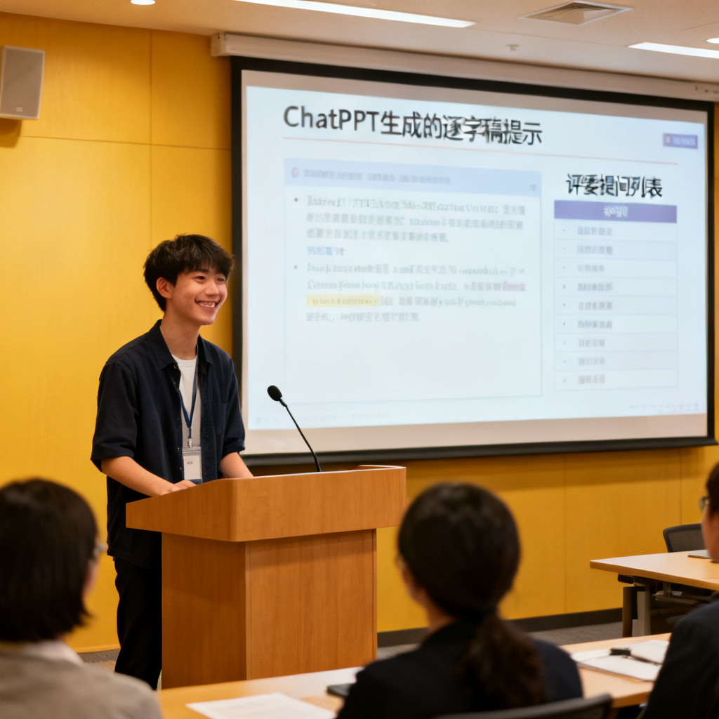 一位学生自信地进行论文答辩,背后屏幕显示ChatPPT生成的逐字稿提示和评委提问列表,明亮会议室,积极氛围