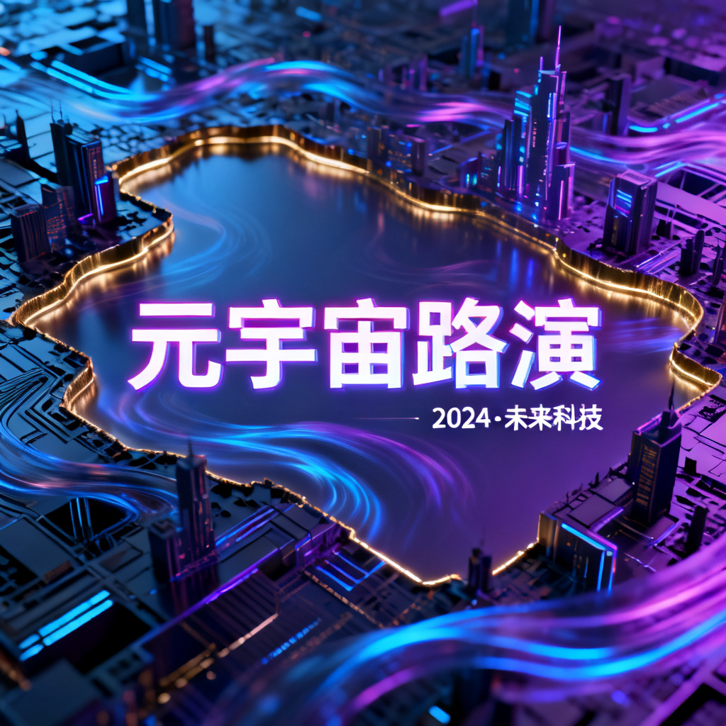 赛博朋克风格元宇宙路演PPT封面，霓虹灯色彩，复杂城市轮廓，动态光影，4K超精细