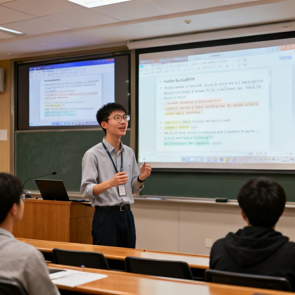 一位研究生正在使用ChatPPT进行答辩演练，屏幕显示PPT和逐字稿，表情自信，环境为学术报告厅，光线明亮