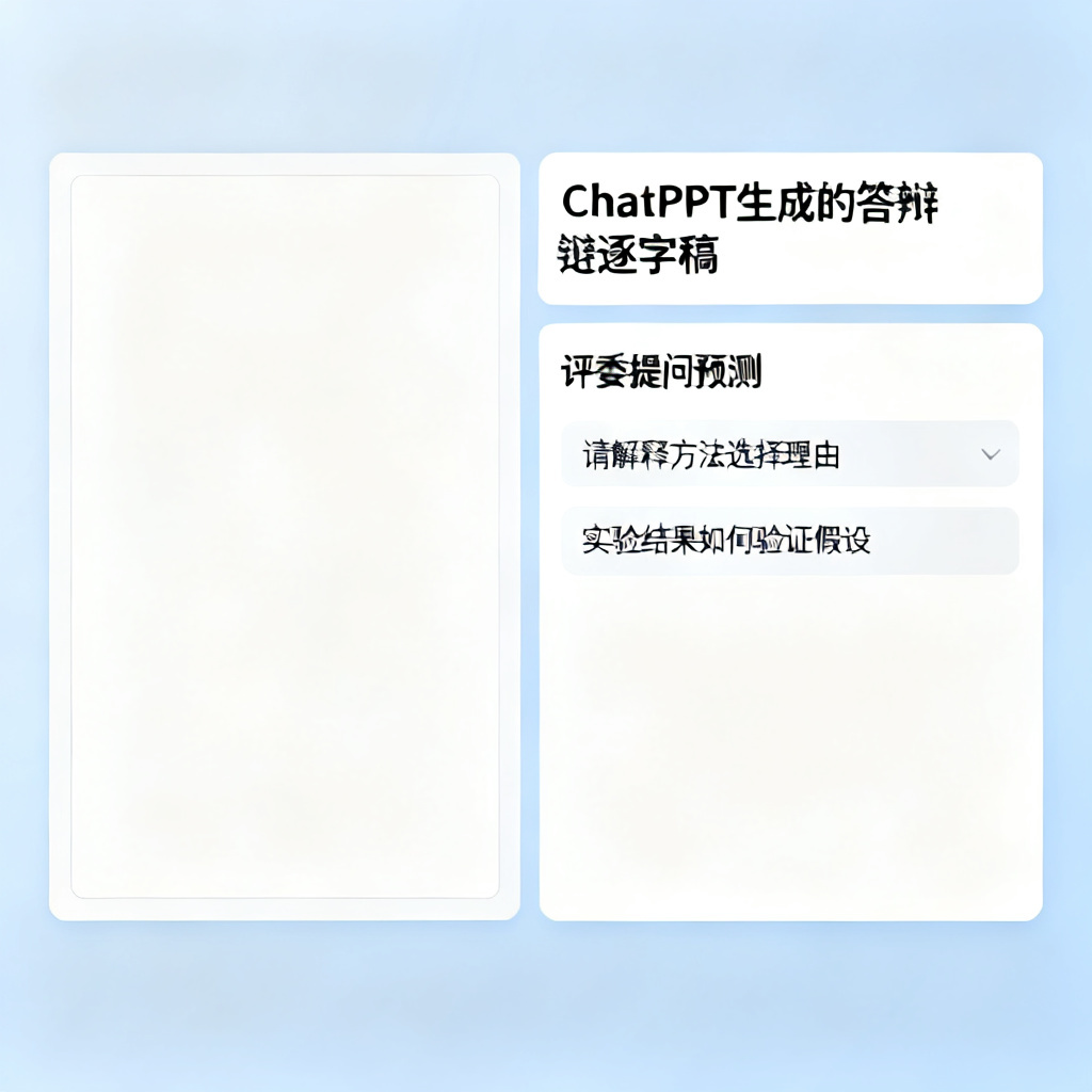 一张界面截图，左侧显示PPT页面，右侧显示ChatPPT生成的答辩逐字稿和‘评委提问预测’列表，如‘请解释方法选择理由’、‘实验结果如何验证假设’