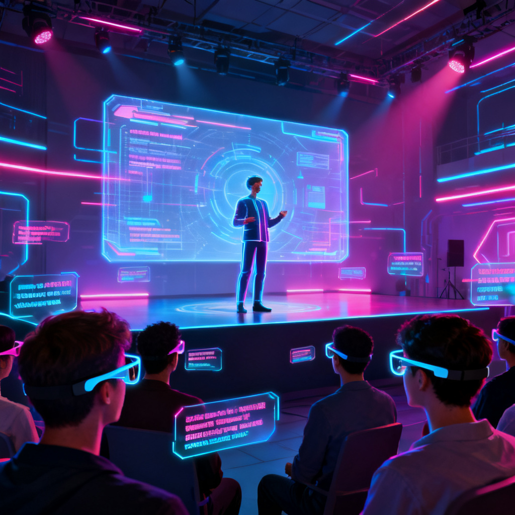 A person standing on a stage with a holographic presentation screen, a digital avatar of themselves speaking, and audience members wearing smart glasses with floating text, style: futuristic, high-tech, neon lighting, cyberpunk aesthetic