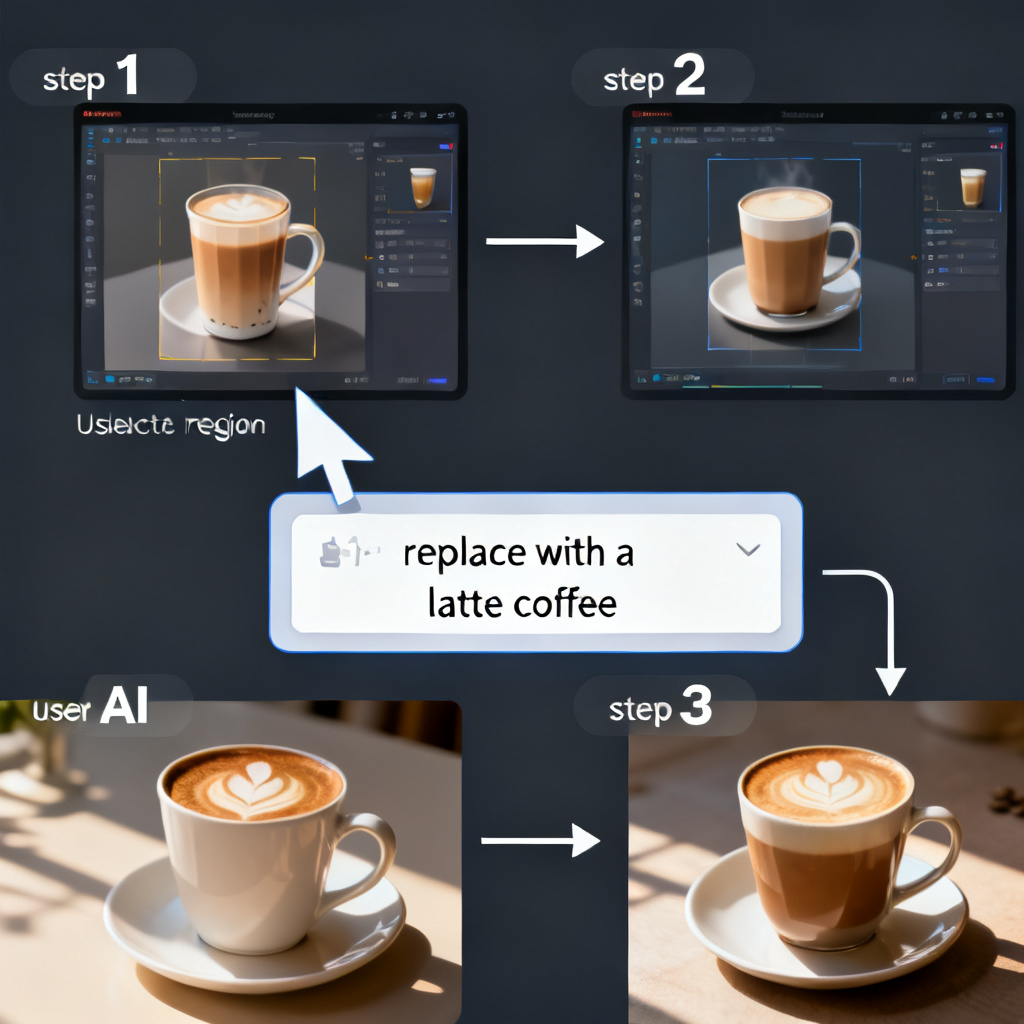 A step-by-step demonstration of Magic涂画: the user selects a region containing a milk tea cup, inputs "replace with a latte coffee", and the AI generates a new coffee cup with matching lighting, shadows, and style