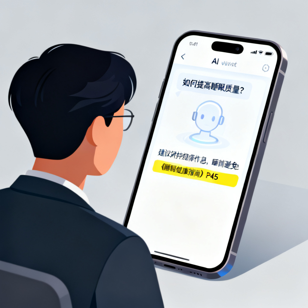 一位听众向手机屏幕上的AI助手提问,手机屏幕显示答案并高亮标注出处页码