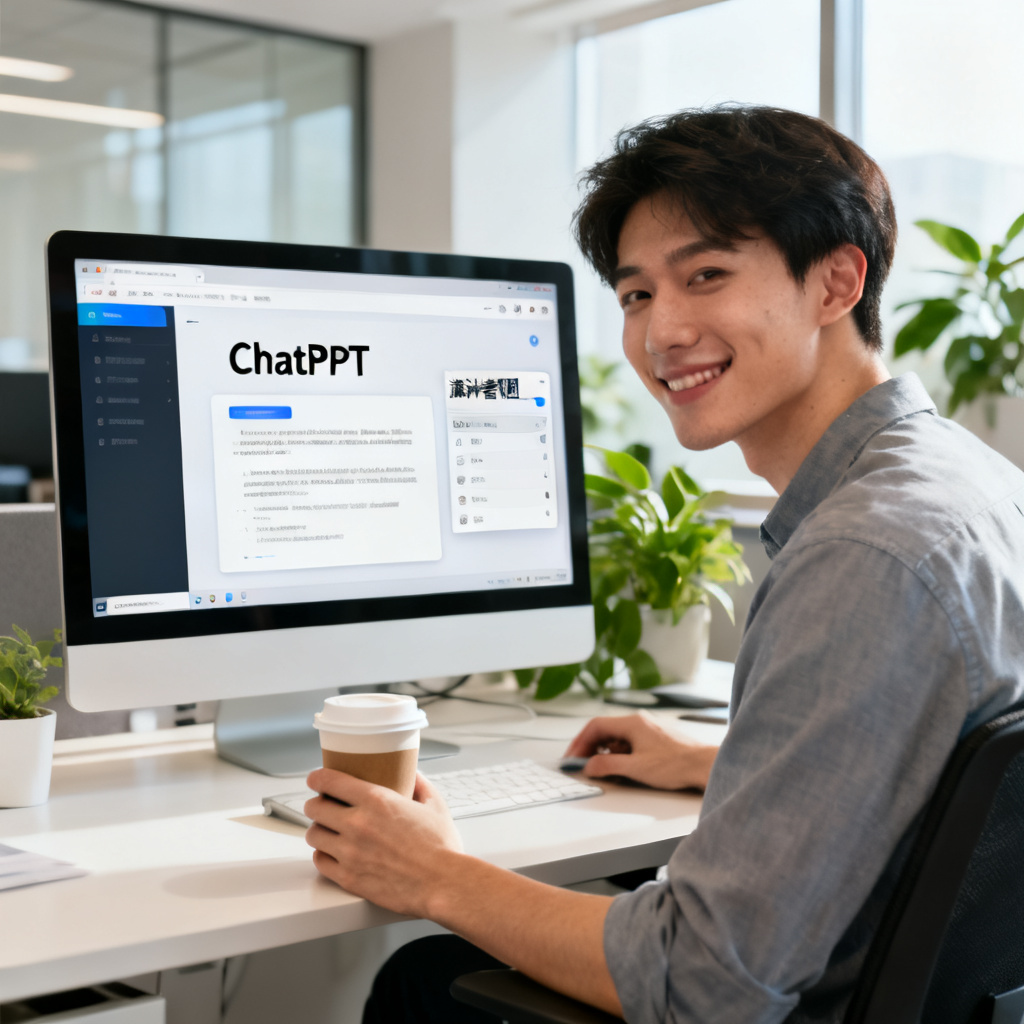 一个年轻职场人坐在明亮的办公室里，电脑屏幕上显示ChatPPT的演讲稿生成界面，旁边有一个“演讲者视图”窗口。他表情专注而满意，手里拿着一杯咖啡，背景是整洁的办公桌和绿植。画面风格写实，光线柔和，突出科技感和高效工作氛围。