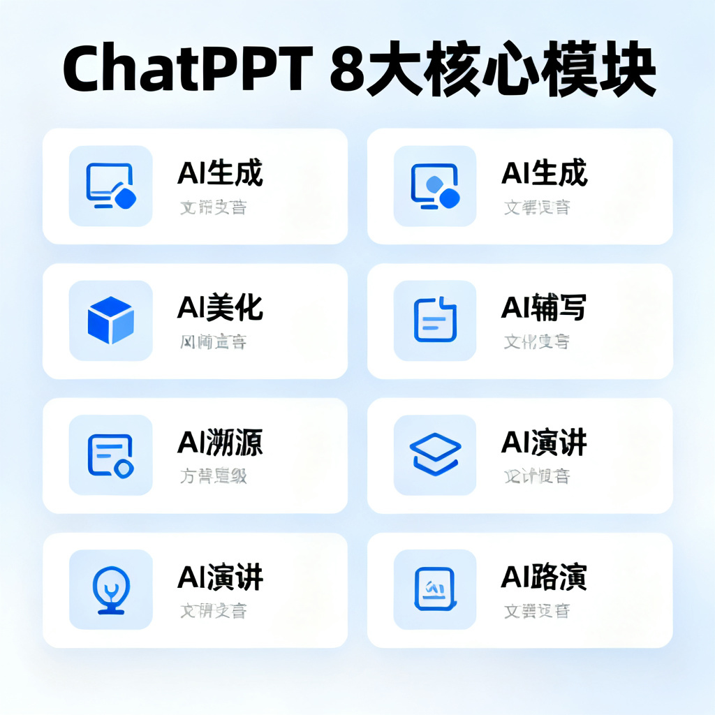一张信息图展示ChatPPT的8大核心模块,包括AI生成、AI美化、AI辅写、AI溯源、AI演讲、AI路演等,风格简洁清晰