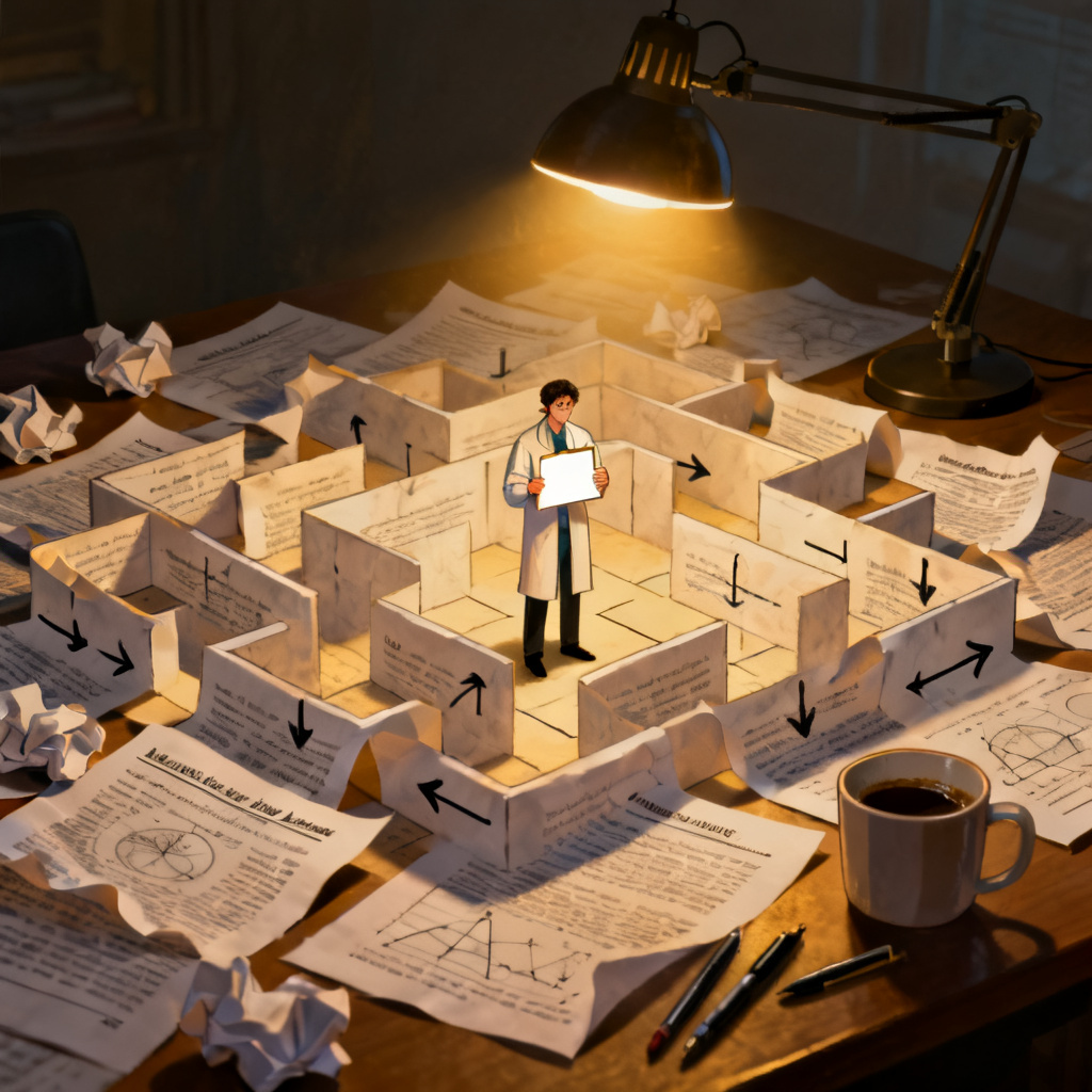 A maze made of academic papers with arrows pointing in confusing directions, a frustrated researcher holding a blank slide template at the center, dim lighting with a single lamp illuminating the desk.