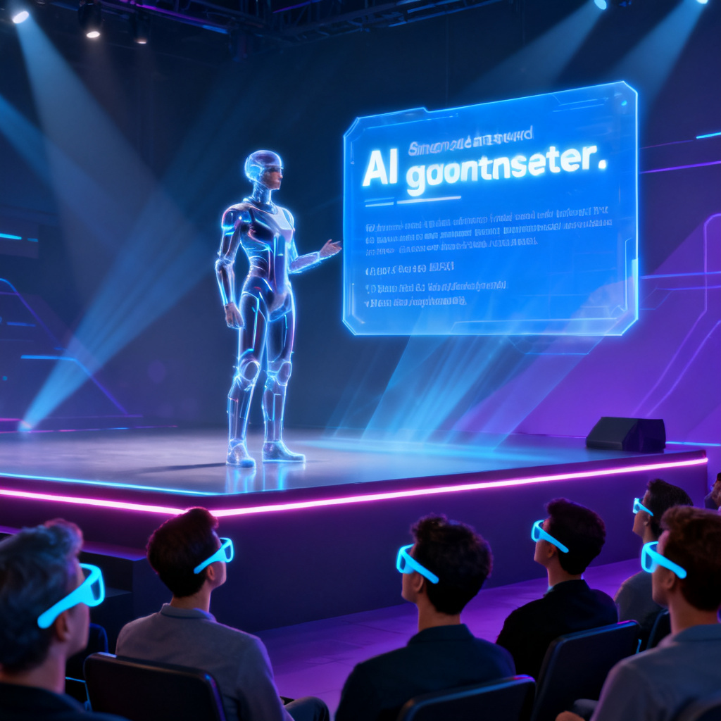 A holographic digital presenter standing on a stage, with a translucent screen showing AI-generated answers and page references floating beside them, audience members looking at smart glasses.