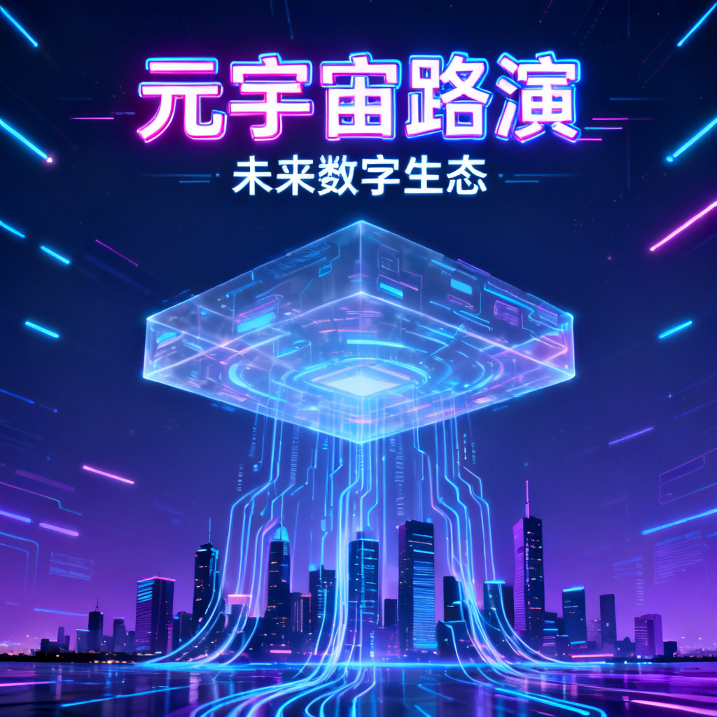 赛博朋克风格元宇宙路演PPT,霓虹灯光,全息投影,数据流,未来城市天际线,蓝色与紫色调