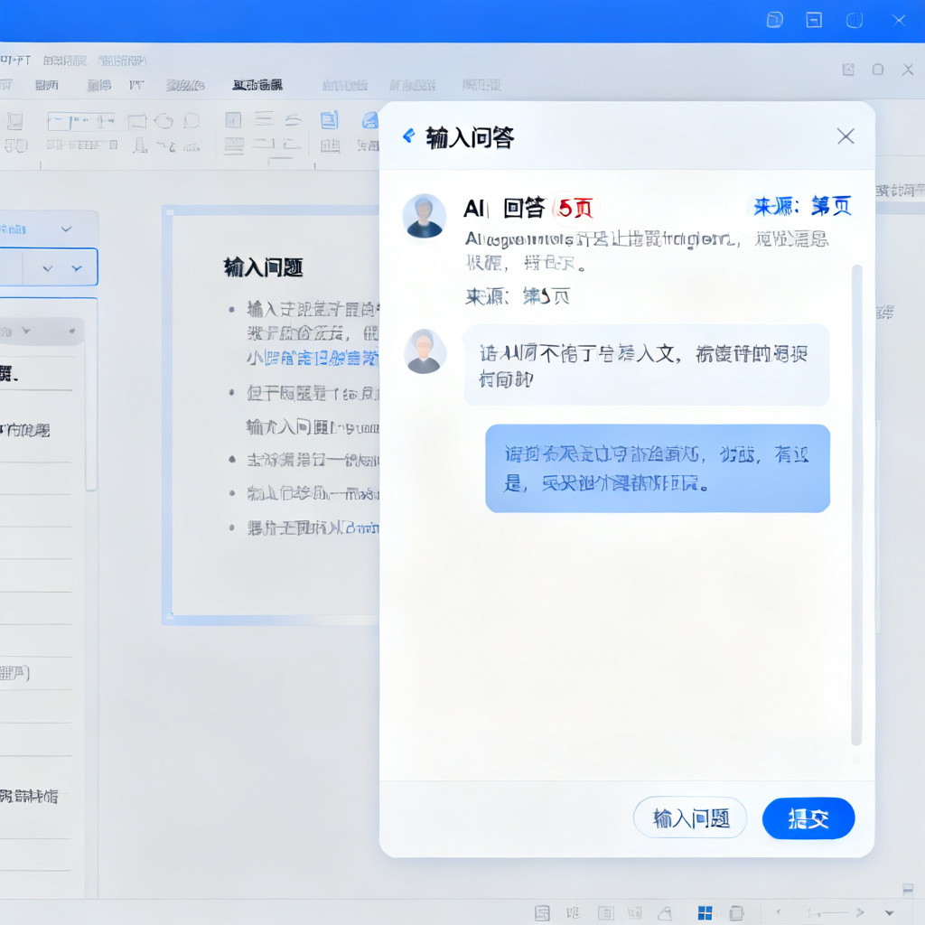 一张展示AI答疑界面的截图，左侧为PPT页面，右侧为问答对话框，AI回答中带有来源标注（如“来源：第5页”），界面交互清晰，带有中文提示文字