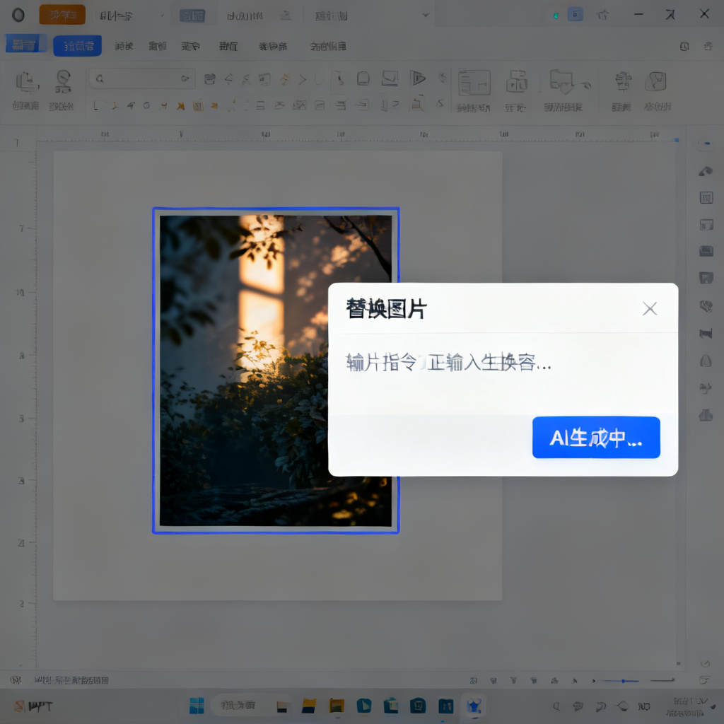 Magic涂画模式操作演示，用户用矩形框选PPT页面中的一张图片，输入替换指令，AI正在生成新内容，光影和风格与原页面完美融合，操作界面简洁直观