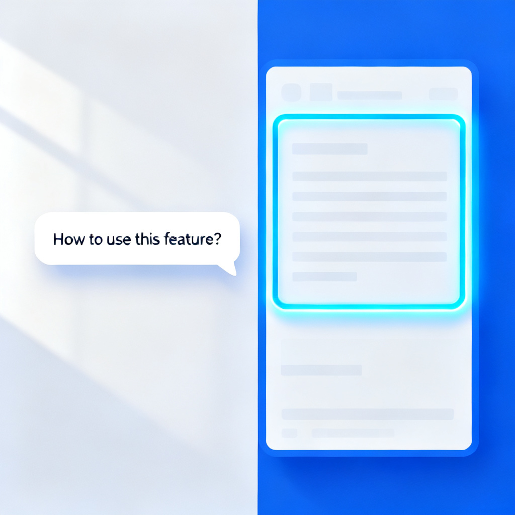 A split-screen showing a user asking a question via chat bubble on the left, and the right side showing the corresponding slide page being highlighted with a glowing border, minimalist design, blue and white color scheme