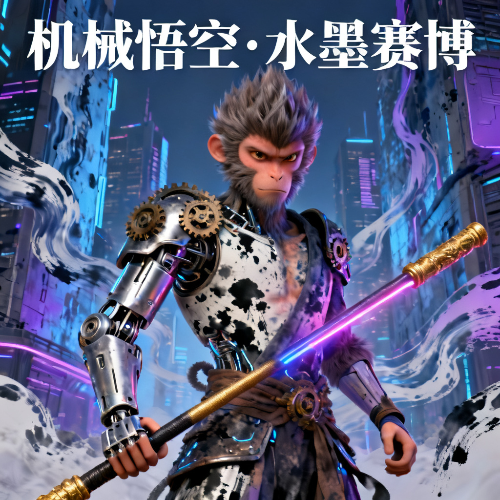 3D西游记风格幻灯片，孙悟空与机械融合，水墨与赛博朋克结合